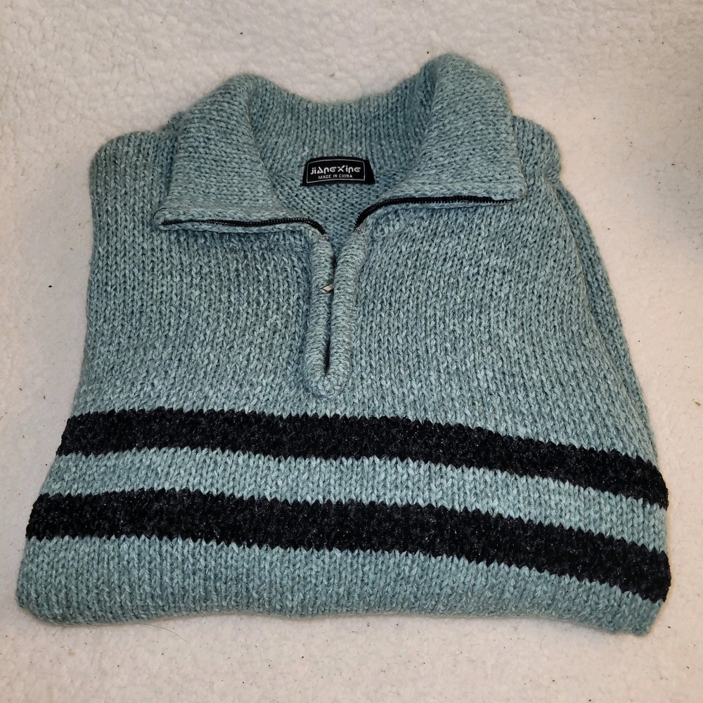JiangXing Knit Pullover Sweater Mens M L Blue Black Striped Quarter Zip‎ Collar